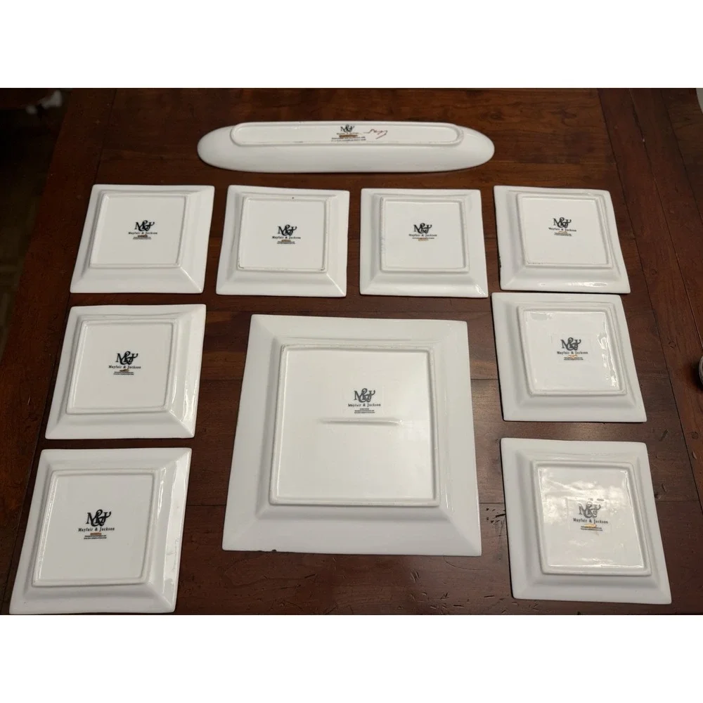 Vintage Mayfair & Jackson 9-Piece Square‎ Plate Set Green Metallic Gold Swirls